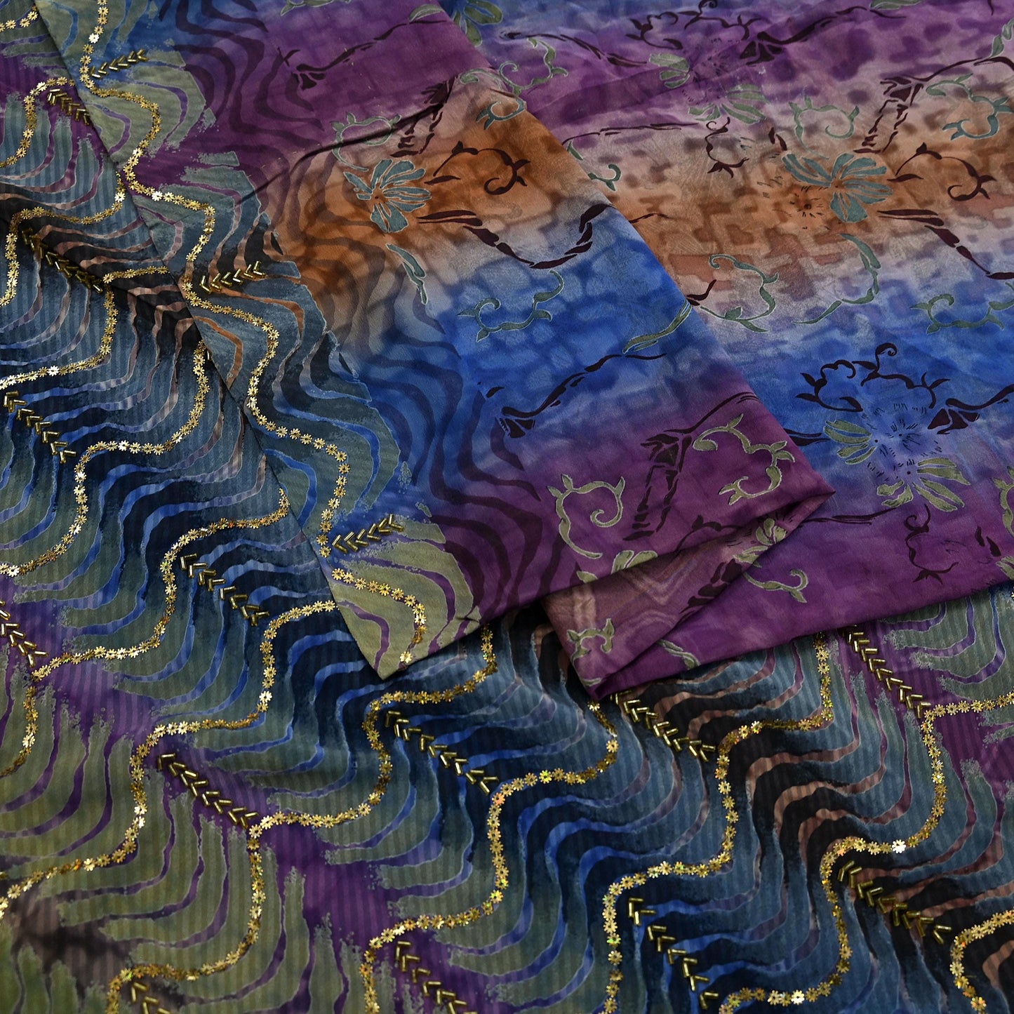 Indian Vintage Sari Multi Pure Crepe Silk Hand Embroidered Sarees 6yd Sewing Floral Craft Sequins Dress making Crafting Quilting
