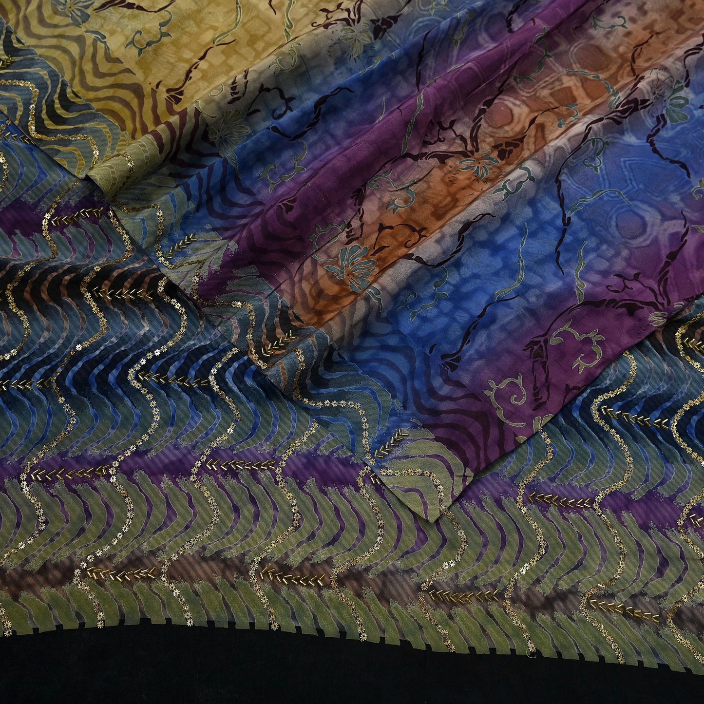 Indian Vintage Sari Multi Pure Crepe Silk Hand Embroidered Sarees 6yd Sewing Floral Craft Sequins Dress making Crafting Quilting