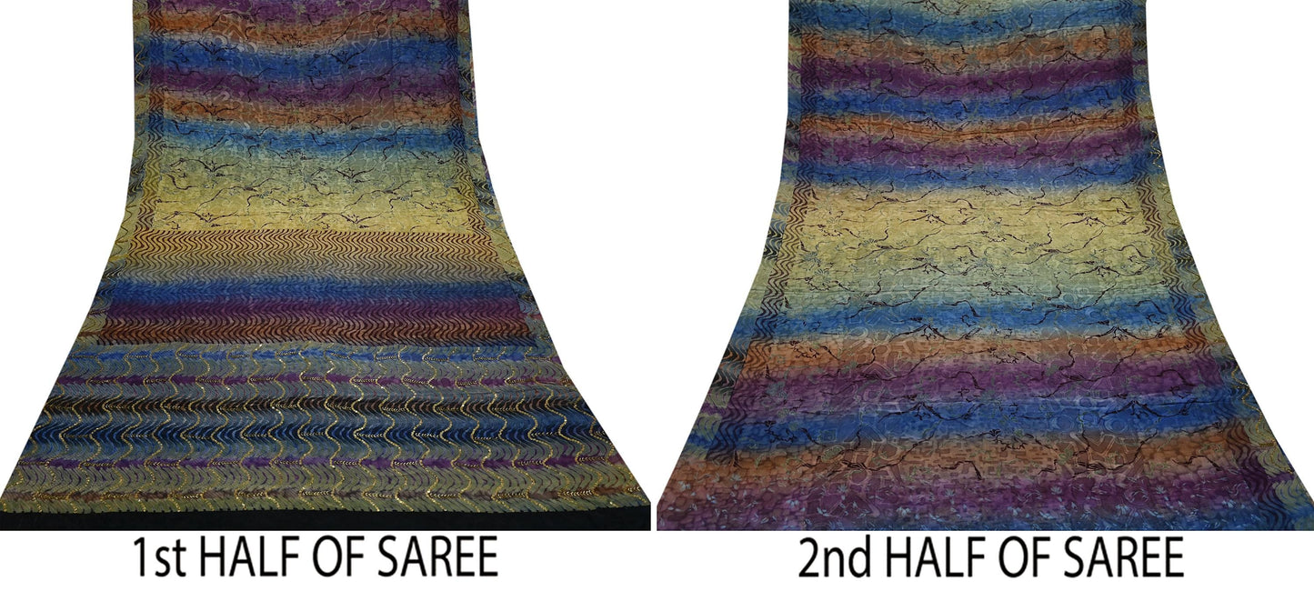 Indian Vintage Sari Multi Pure Crepe Silk Hand Embroidered Sarees 6yd Sewing Floral Craft Sequins Dress making Crafting Quilting