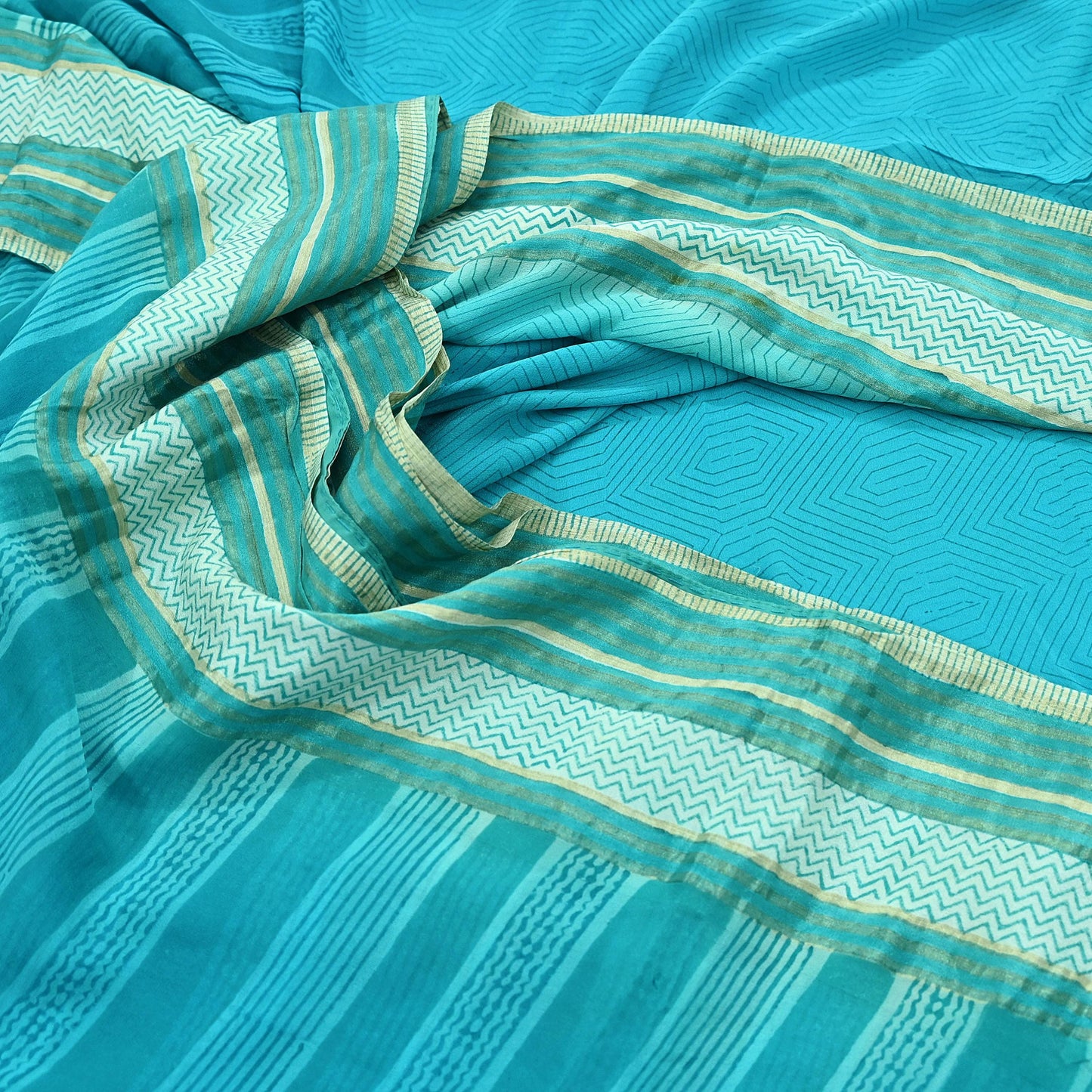 Women Vintage Sari Blue Pure Georgette Silk Printed Saree Craft Fabric Sewing 6Yd Soft Light Dress Making Quilting Abstract Zari