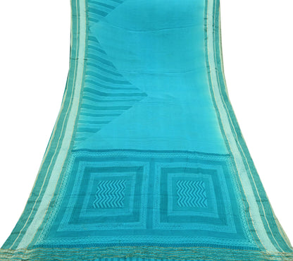 Women Vintage Sari Blue Pure Georgette Silk Printed Saree Craft Fabric Sewing 6Yd Soft Light Dress Making Quilting Abstract Zari