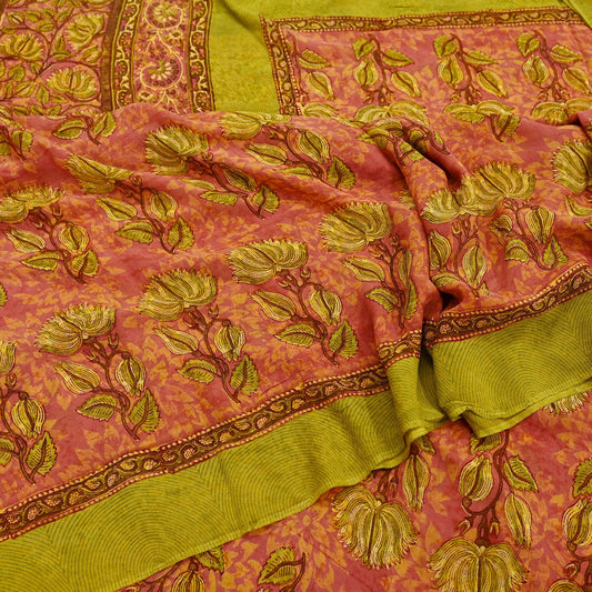 Indian Women Vintage Sari Pink & Green  Pure Georgette Silk Printed Saree Sewing 5yd Soft Craft Abstract Design Wrap Boho