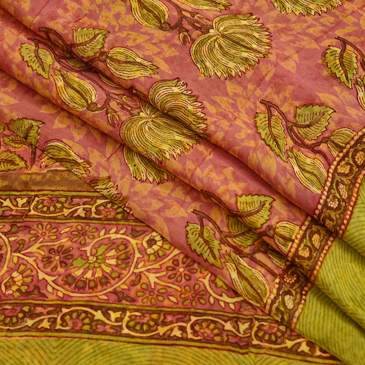 Indian Women Vintage Sari Pink & Green  Pure Georgette Silk Printed Saree Sewing 5yd Soft Craft Abstract Design Wrap Boho