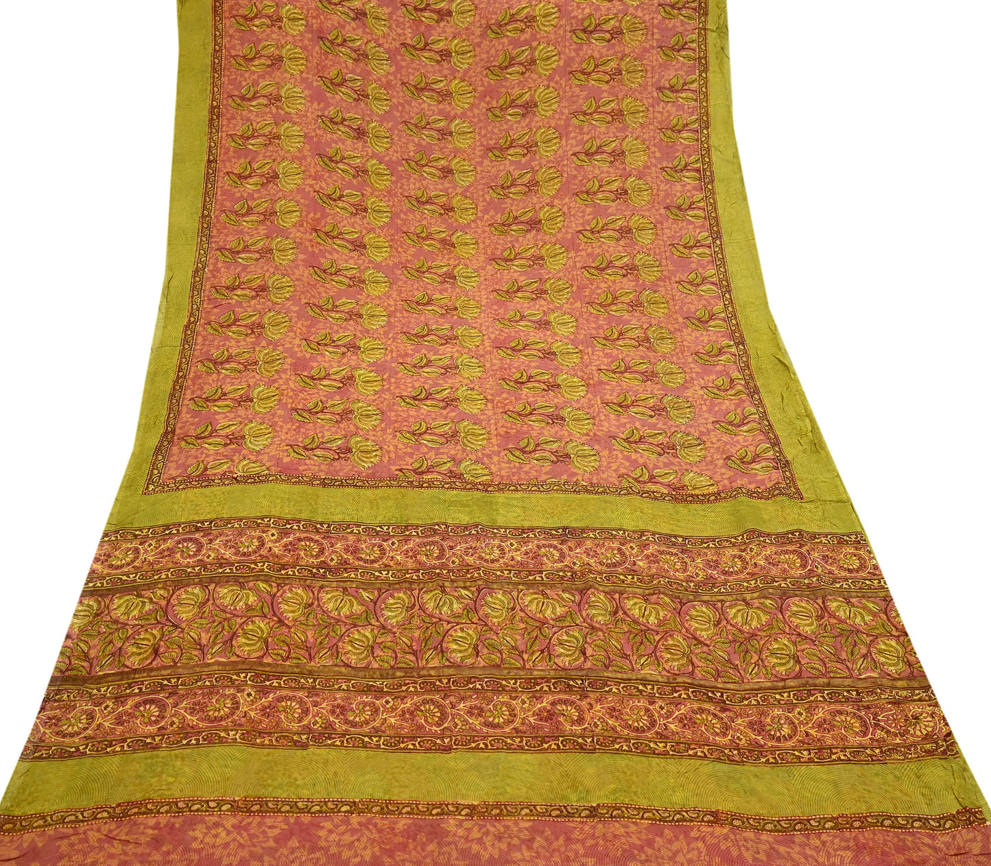 Indian Women Vintage Sari Pink & Green  Pure Georgette Silk Printed Saree Sewing 5yd Soft Craft Abstract Design Wrap Boho