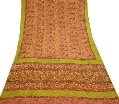 Indian Women Vintage Sari Pink & Green  Pure Georgette Silk Printed Saree Sewing 5yd Soft Craft Abstract Design Wrap Boho