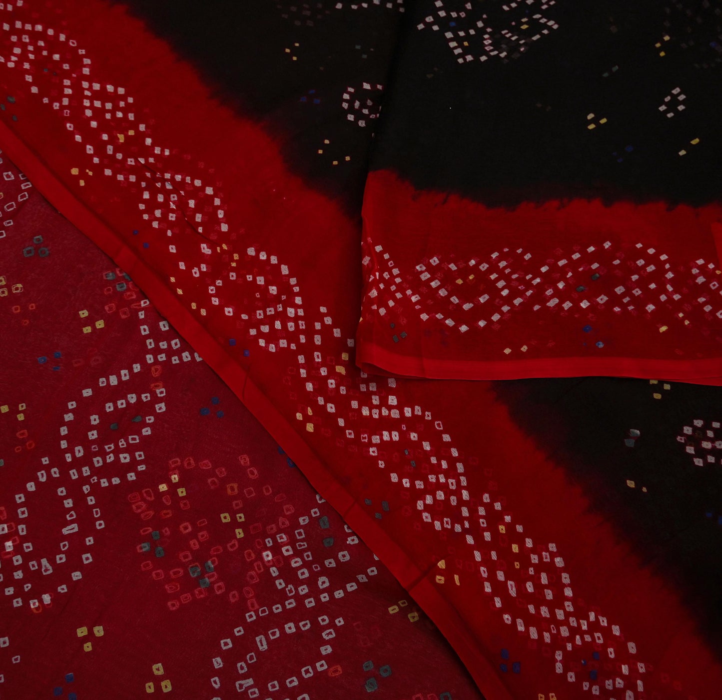 Women Vintage Red & black Saree Pure Georgette Silk Bandhani Printed Sari Craft Fabric Sewing 5Yard Soft Light Sari Dress Making Quilting