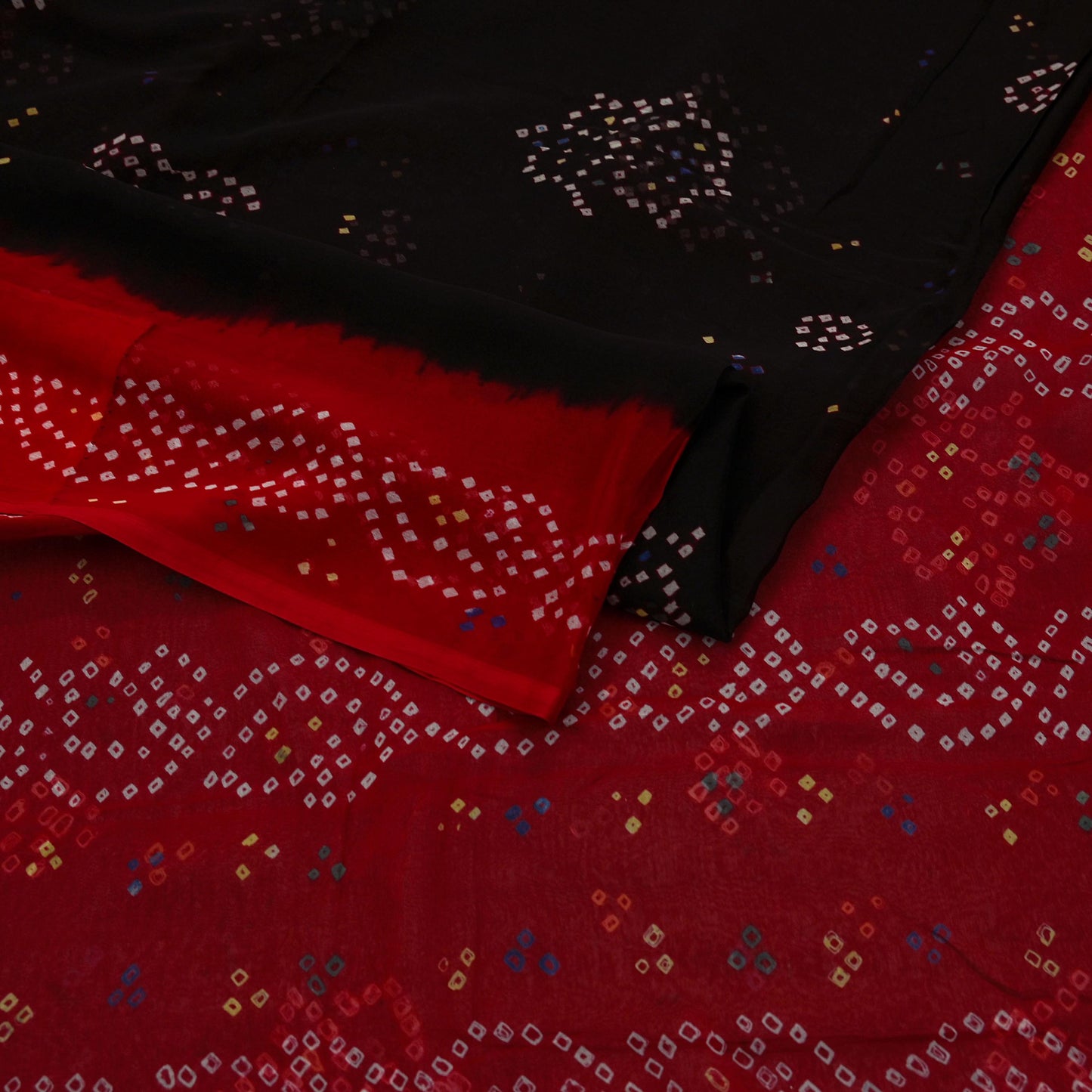 Women Vintage Red & black Saree Pure Georgette Silk Bandhani Printed Sari Craft Fabric Sewing 5Yard Soft Light Sari Dress Making Quilting