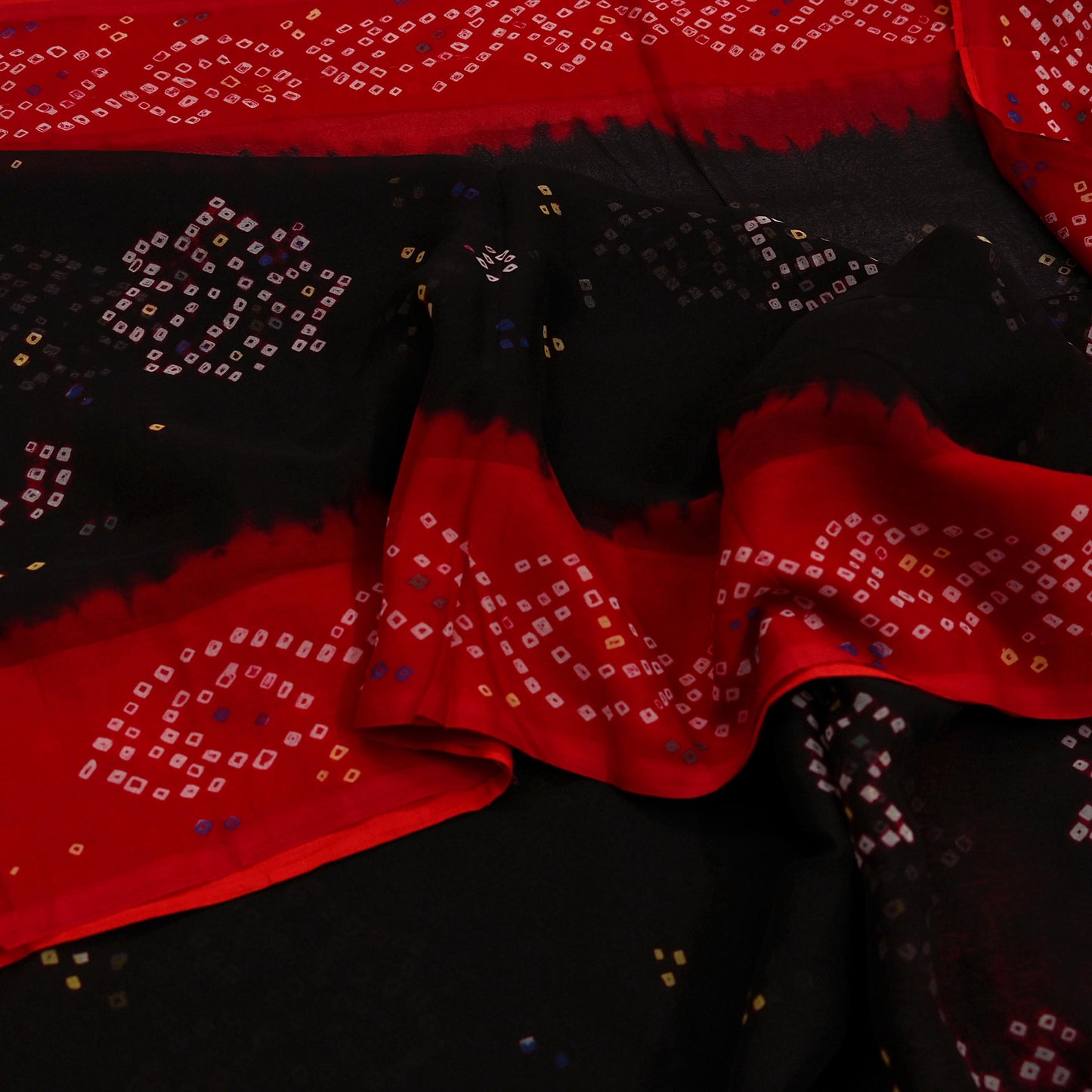 Women Vintage Red & black Saree Pure Georgette Silk Bandhani Printed Sari Craft Fabric Sewing 5Yard Soft Light Sari Dress Making Quilting
