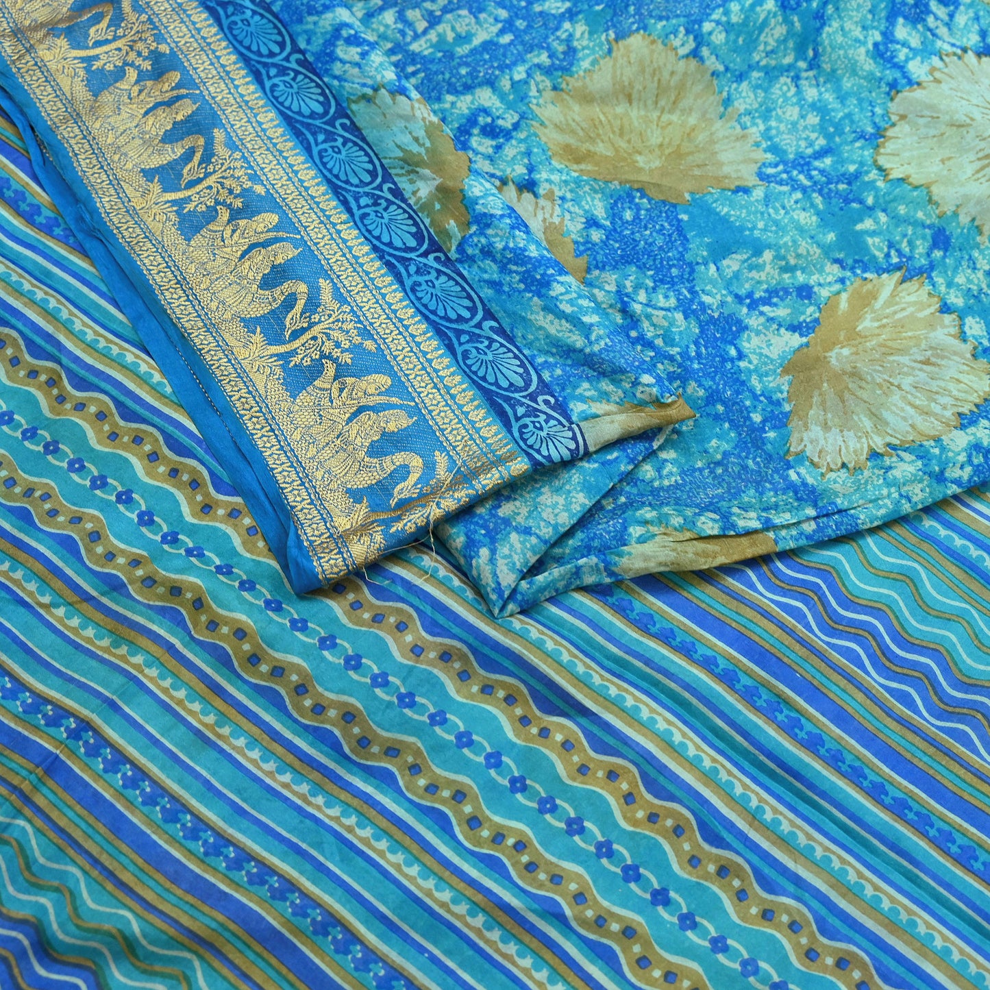 Indian Vintage Sari Green & Blue 100% Pure Silk Printed Sarees 5yd Sewing Craft Fabric Dress Making Soft Woven Border Upcycle Quilting