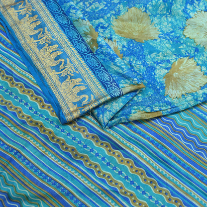 Indian Vintage Sari Green & Blue 100% Pure Silk Printed Sarees 5yd Sewing Craft Fabric Dress Making Soft Woven Border Upcycle Quilting