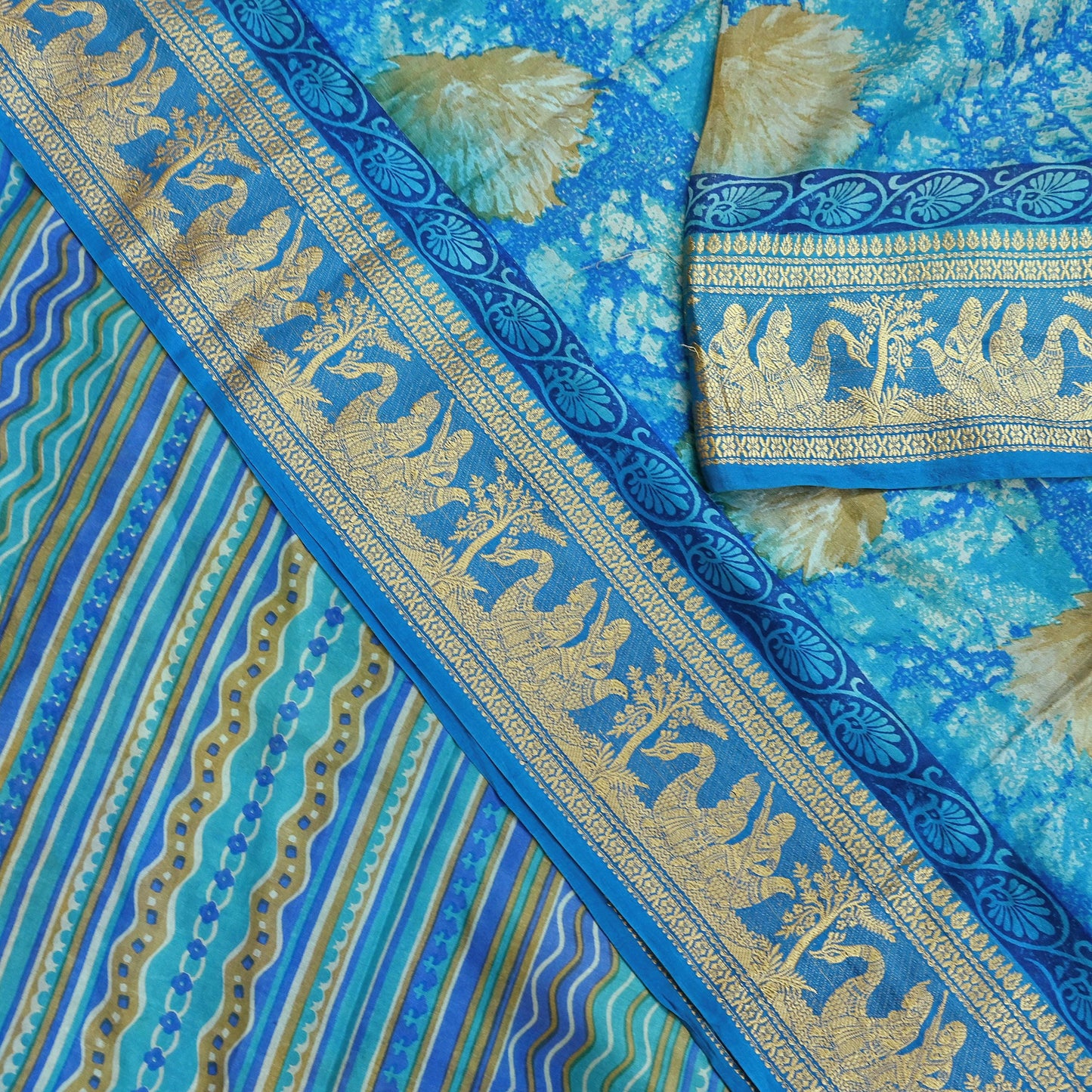 Indian Vintage Sari Green & Blue 100% Pure Silk Printed Sarees 5yd Sewing Craft Fabric Dress Making Soft Woven Border Upcycle Quilting