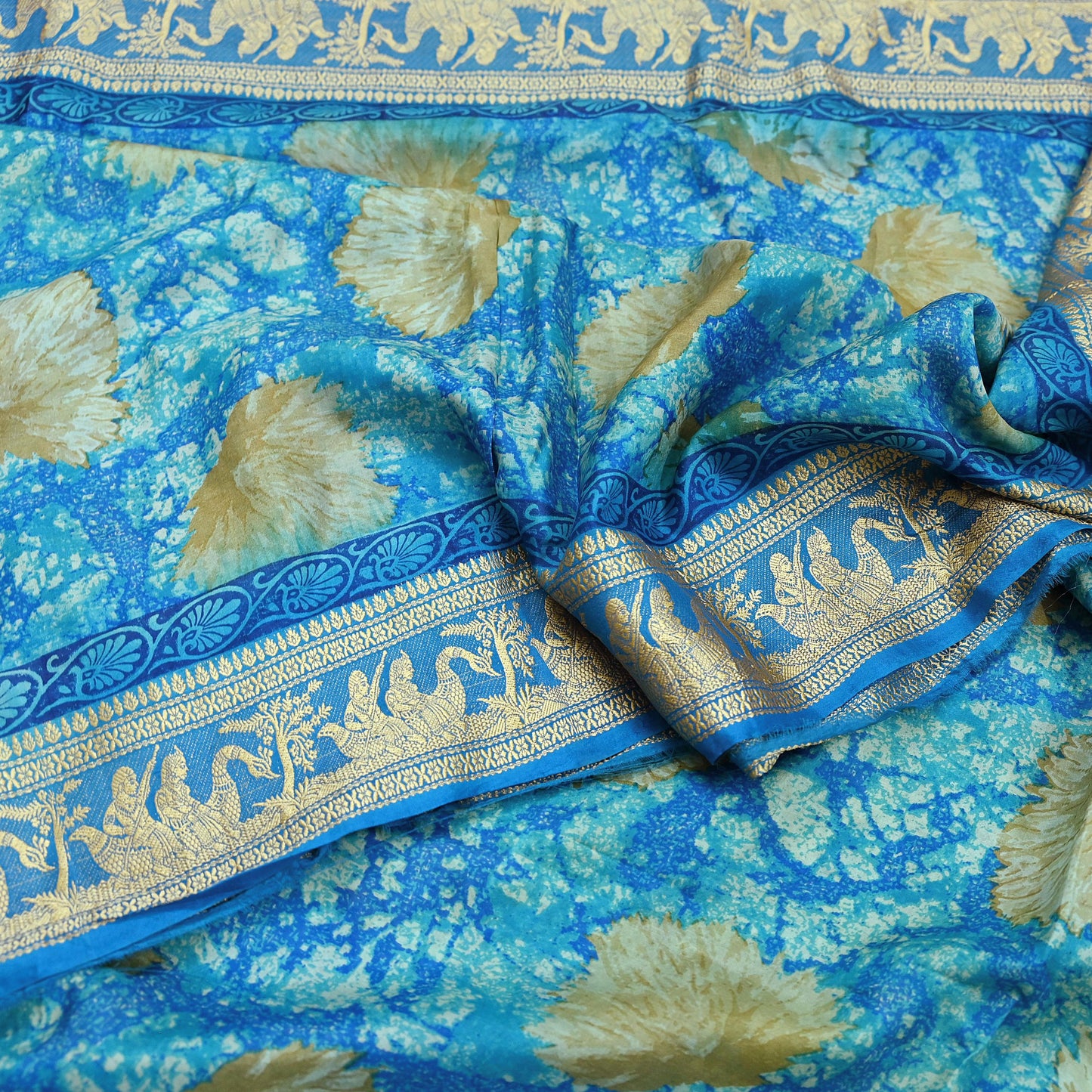 Indian Vintage Sari Green & Blue 100% Pure Silk Printed Sarees 5yd Sewing Craft Fabric Dress Making Soft Woven Border Upcycle Quilting