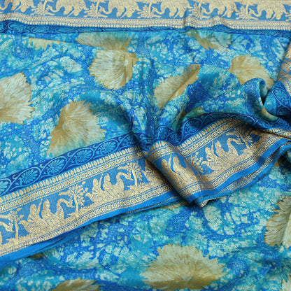 Indian Vintage Sari Green & Blue 100% Pure Silk Printed Sarees 5yd Sewing Craft Fabric Dress Making Soft Woven Border Upcycle Quilting