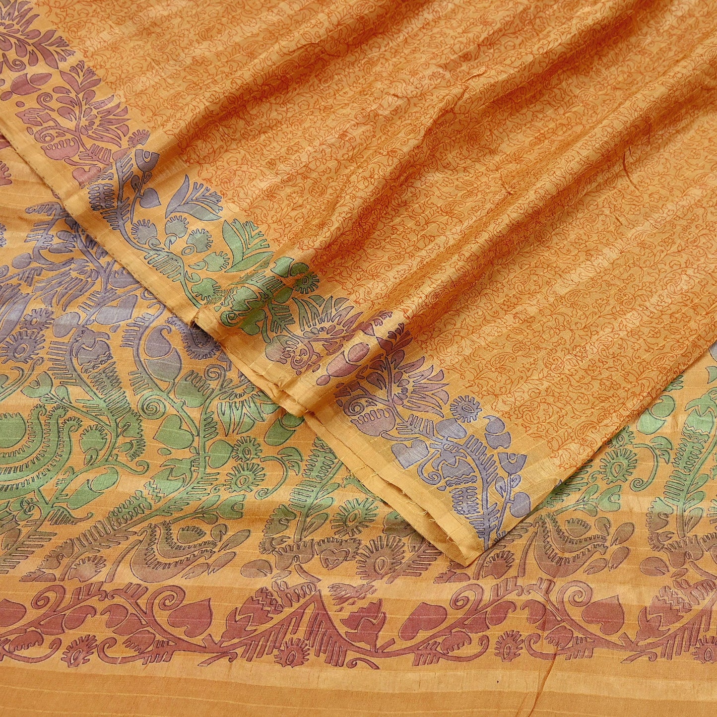 Indian Vintage Sari Saffron 100% Pure Silk Printed Saree 6yd Sewing Craft Fabric Dress Making Soft Wrap Floral Abstract Quilting Crafting