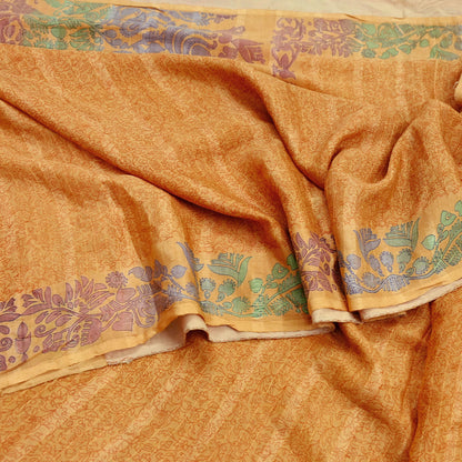 Indian Vintage Sari Saffron 100% Pure Silk Printed Saree 6yd Sewing Craft Fabric Dress Making Soft Wrap Floral Abstract Quilting Crafting