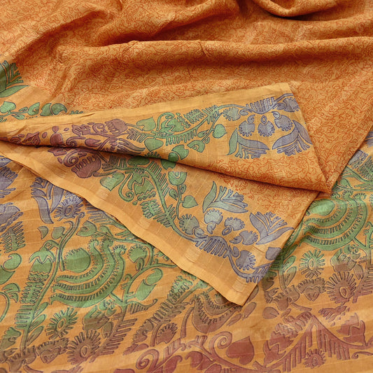 Indian Vintage Sari Saffron 100% Pure Silk Printed Saree 6yd Sewing Craft Fabric Dress Making Soft Wrap Floral Abstract Quilting Crafting