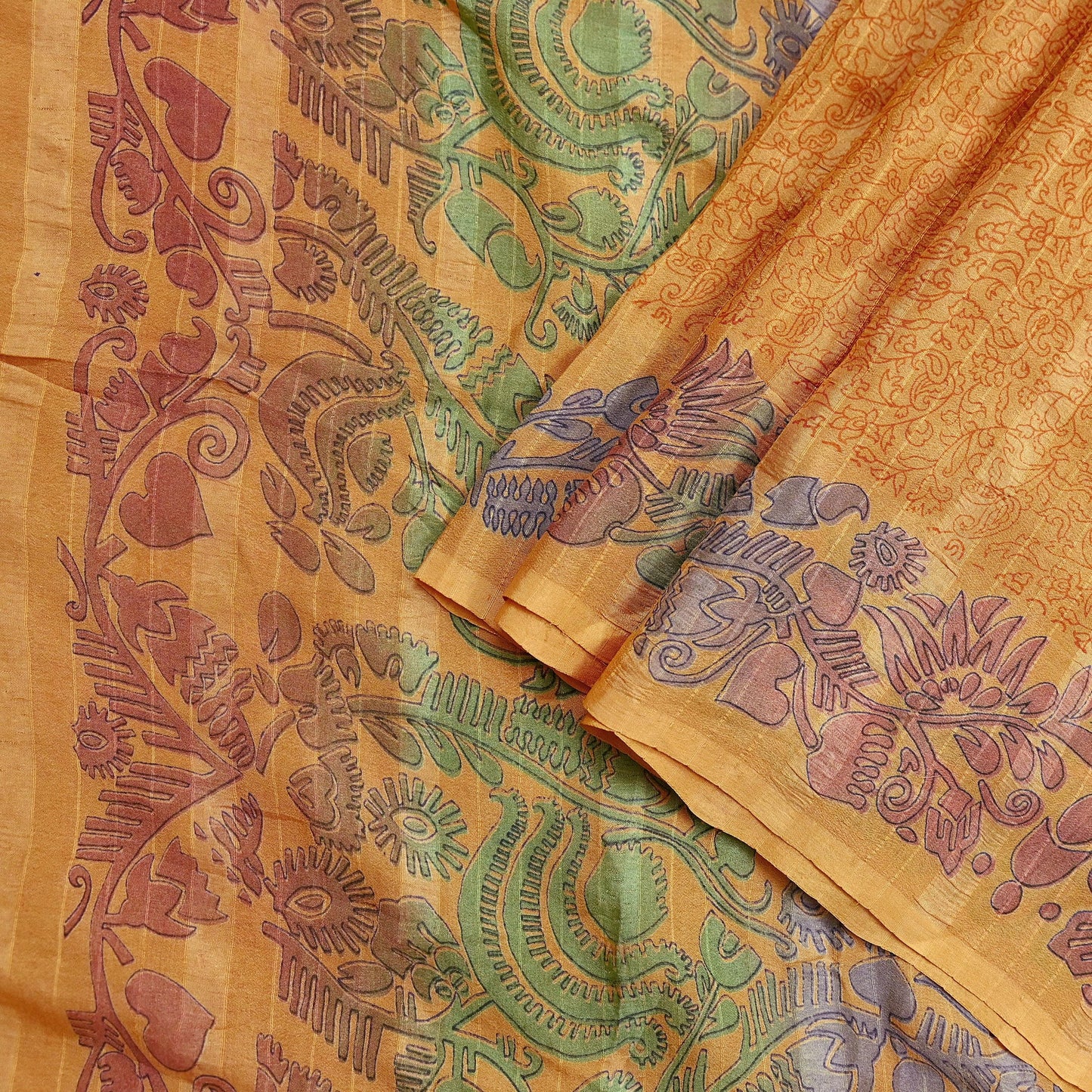 Indian Vintage Sari Saffron 100% Pure Silk Printed Saree 6yd Sewing Craft Fabric Dress Making Soft Wrap Floral Abstract Quilting Crafting