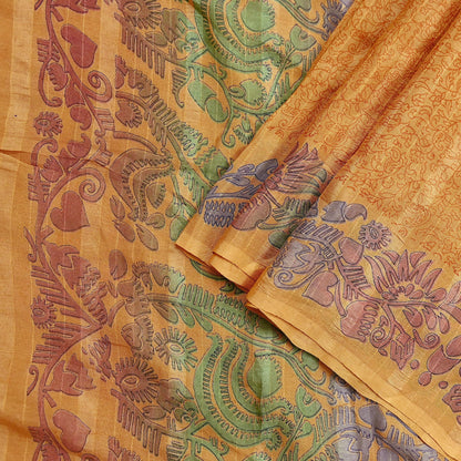 Indian Vintage Sari Saffron 100% Pure Silk Printed Saree 6yd Sewing Craft Fabric Dress Making Soft Wrap Floral Abstract Quilting Crafting