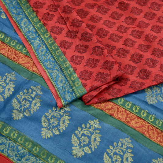 Indian Vintage Heavy Sari Red Pure Khadi Silk Handloom Saree Craft Fabric 5yd Ethnic Wear Dress making For Crafting Quilting
