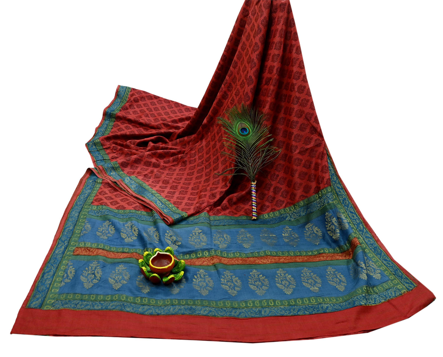 Indian Vintage Heavy Sari Red Pure Khadi Silk Handloom Saree Craft Fabric 5yd Ethnic Wear Dress making For Crafting Quilting