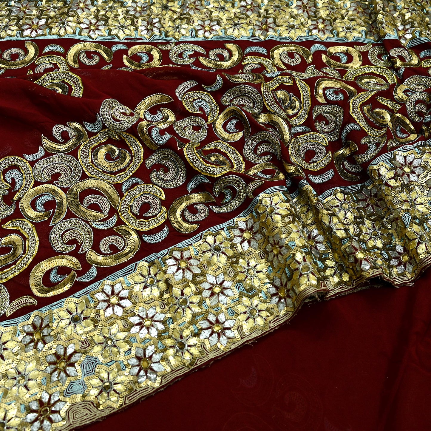 Indian Vintage Heavy Sari Maroon Pure Georgette Silk Hand Beaded Sarees Craft Fabric 5Yd Sewing Soft Ethnic Wedding Sarees Dress making