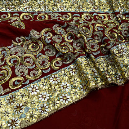 Indian Vintage Heavy Sari Maroon Pure Georgette Silk Hand Beaded Sarees Craft Fabric 5Yd Sewing Soft Ethnic Wedding Sarees Dress making