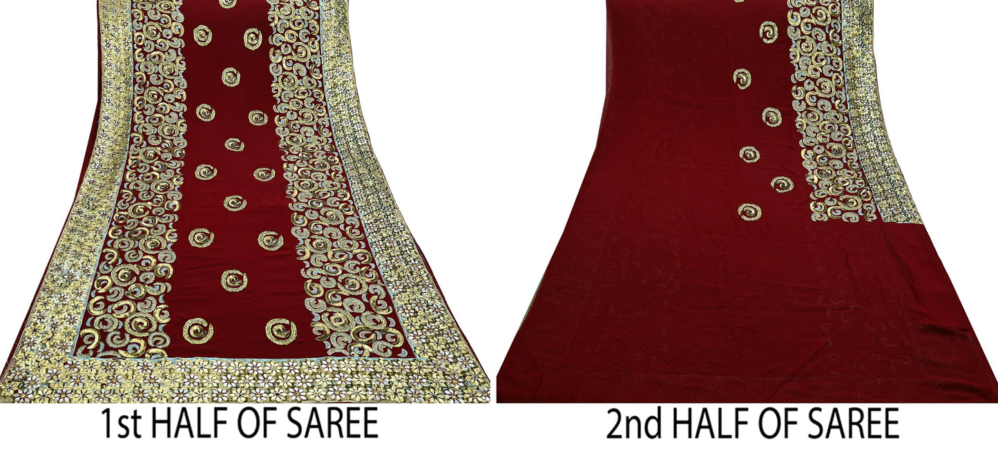 Indian Vintage Heavy Sari Maroon Pure Georgette Silk Hand Beaded Sarees Craft Fabric 5Yd Sewing Soft Ethnic Wedding Sarees Dress making