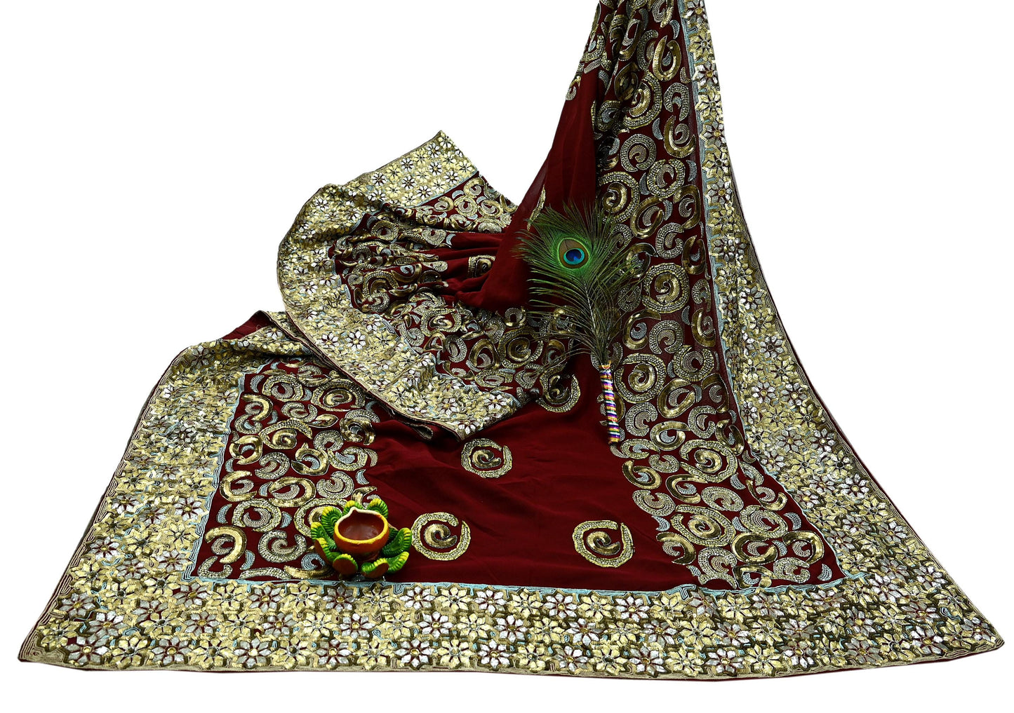 Indian Vintage Heavy Sari Maroon Pure Georgette Silk Hand Beaded Sarees Craft Fabric 5Yd Sewing Soft Ethnic Wedding Sarees Dress making