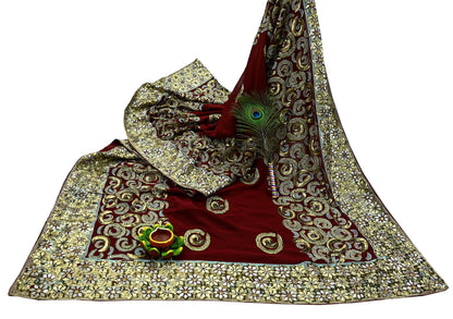 Indian Vintage Heavy Sari Maroon Pure Georgette Silk Hand Beaded Sarees Craft Fabric 5Yd Sewing Soft Ethnic Wedding Sarees Dress making