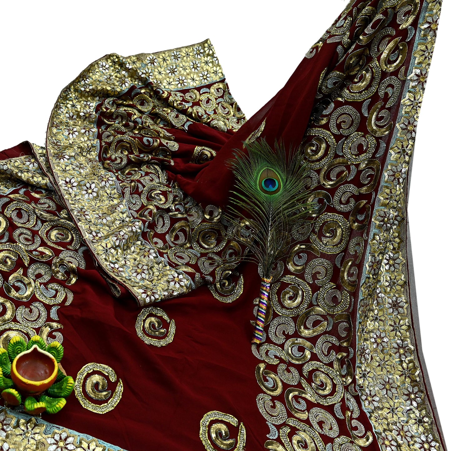 Indian Vintage Heavy Sari Maroon Pure Georgette Silk Hand Beaded Sarees Craft Fabric 5Yd Sewing Soft Ethnic Wedding Sarees Dress making