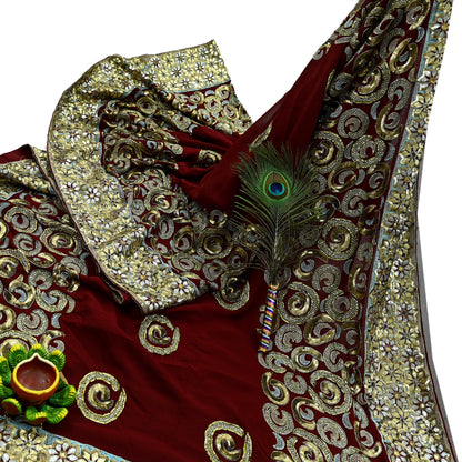 Indian Vintage Heavy Sari Maroon Pure Georgette Silk Hand Beaded Sarees Craft Fabric 5Yd Sewing Soft Ethnic Wedding Sarees Dress making