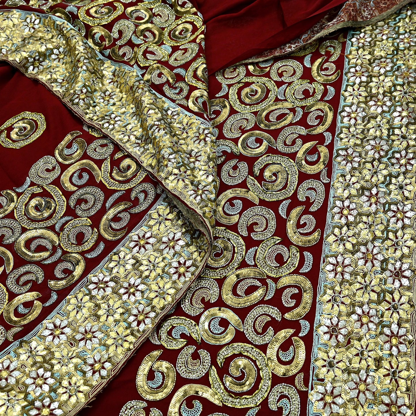Indian Vintage Heavy Sari Maroon Pure Georgette Silk Hand Beaded Sarees Craft Fabric 5Yd Sewing Soft Ethnic Wedding Sarees Dress making
