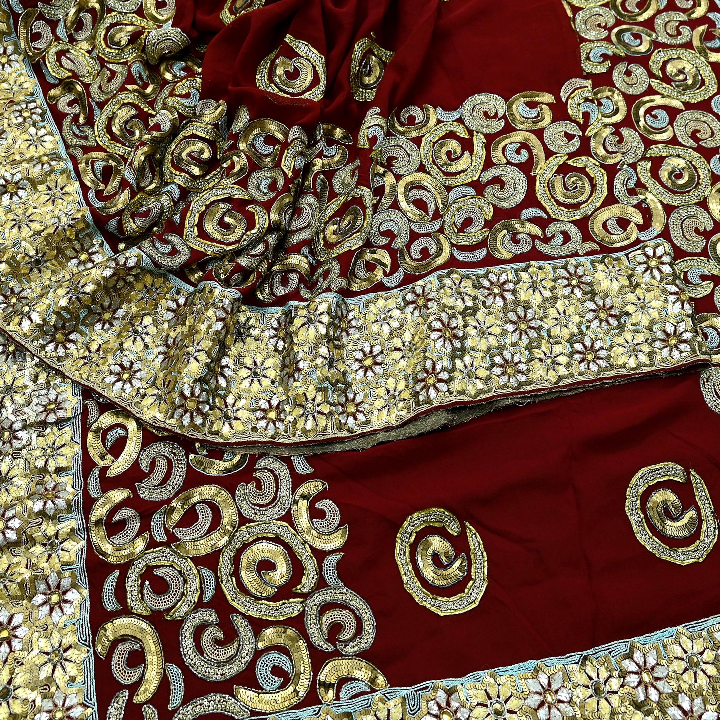 Indian Vintage Heavy Sari Maroon Pure Georgette Silk Hand Beaded Sarees Craft Fabric 5Yd Sewing Soft Ethnic Wedding Sarees Dress making