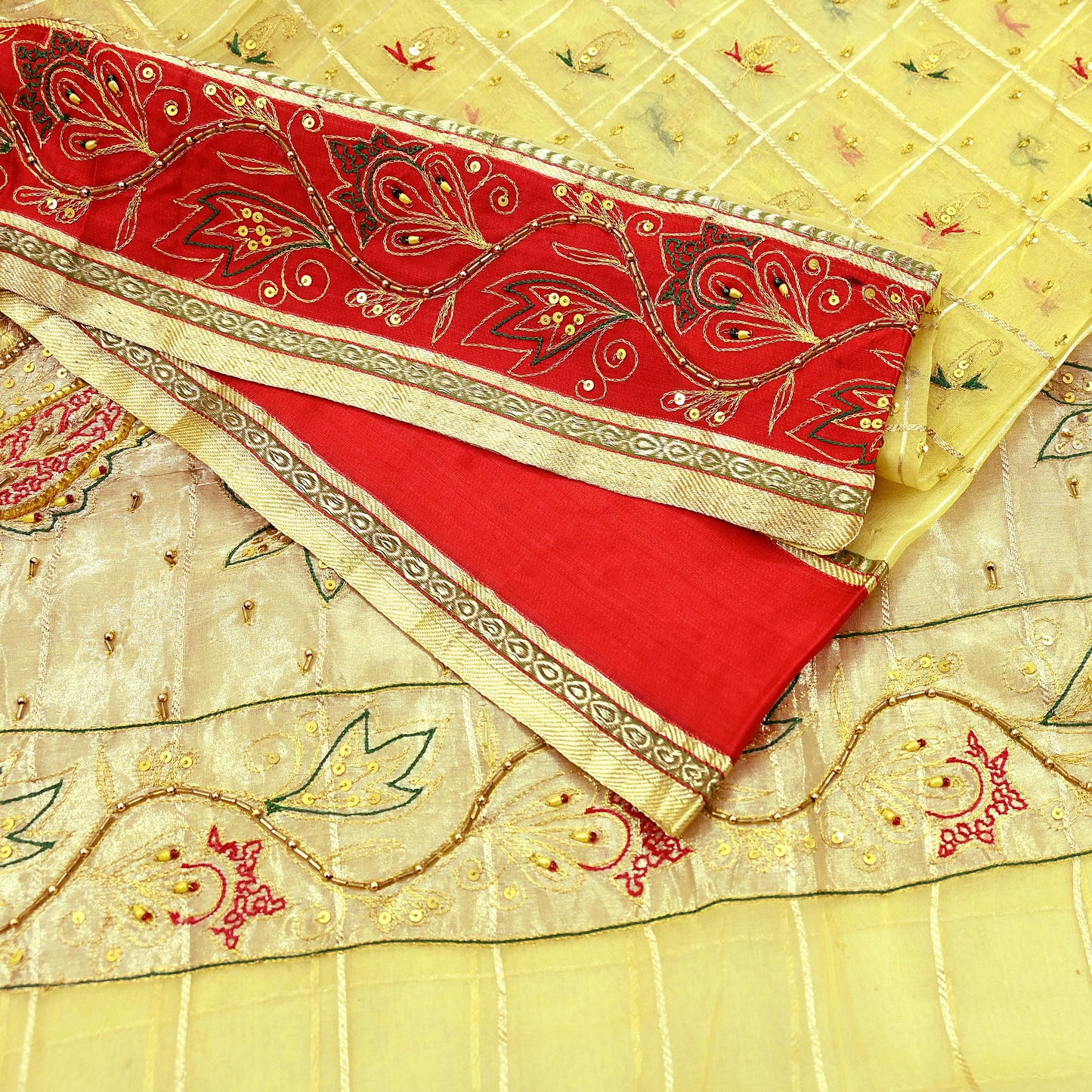 Indian Vintage Sari Yellow Hand Embroidered Saree Pure Organza Silk Craft Fabric 5Yd Ethnic Dress Making Crafting Quilting Zardozi