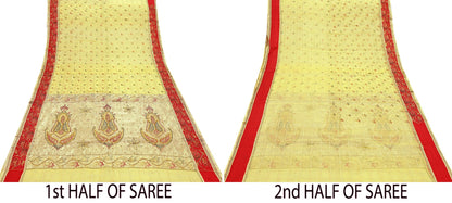 Indian Vintage Sari Yellow Hand Embroidered Saree Pure Organza Silk Craft Fabric 5Yd Ethnic Dress Making Crafting Quilting Zardozi