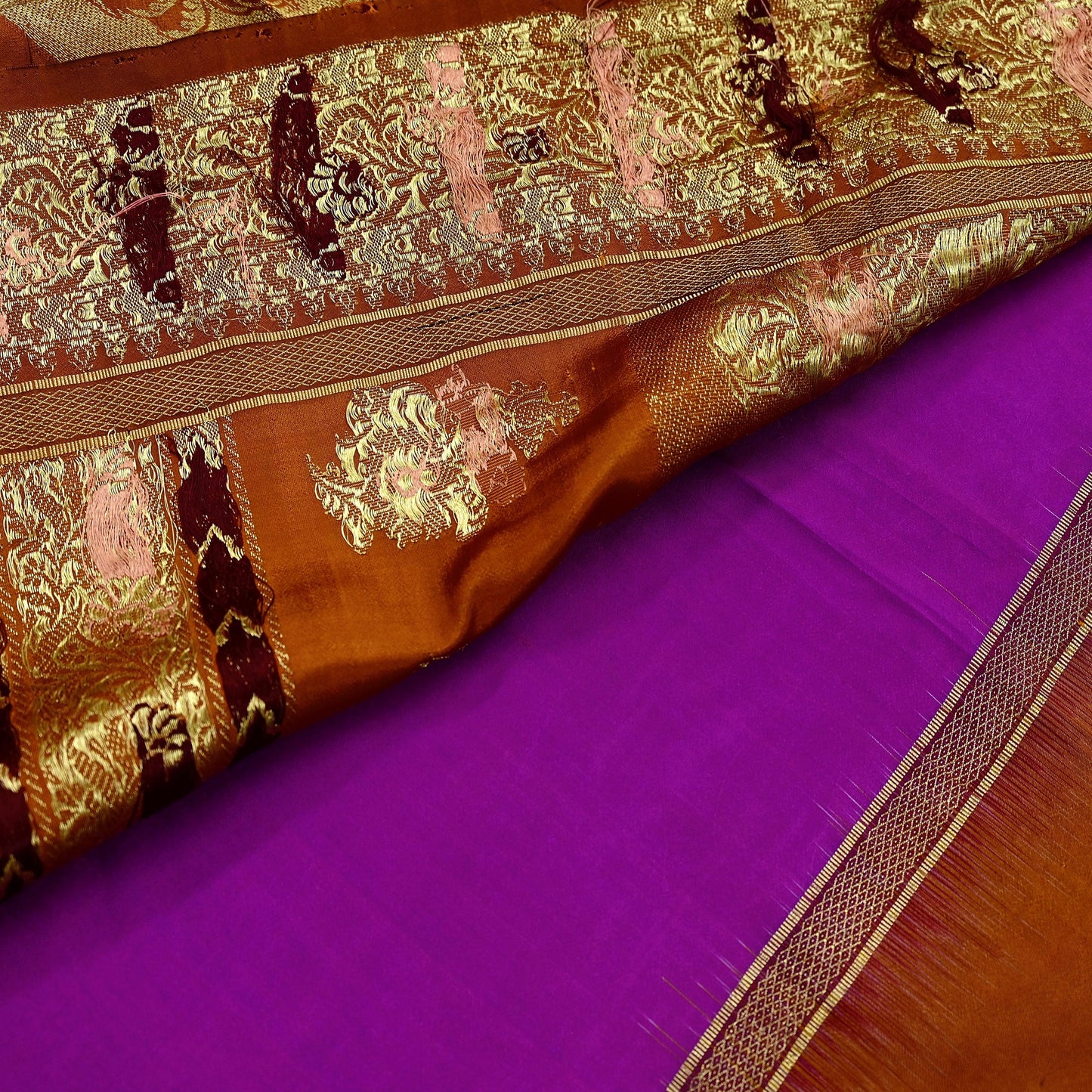 Indian Vintage Heavy Saffron & Purple Kanjivaram Saree 100% Pure Silk Sari Zari 5Yd Floral Crafting Dress making Crafting Quilting