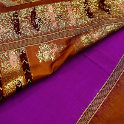 Indian Vintage Heavy Saffron & Purple Kanjivaram Saree 100% Pure Silk Sari Zari 5Yd Floral Crafting Dress making Crafting Quilting