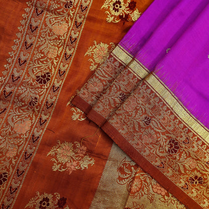 Indian Vintage Heavy Saffron & Purple Kanjivaram Saree 100% Pure Silk Sari Zari 5Yd Floral Crafting Dress making Crafting Quilting