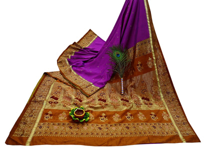 Indian Vintage Heavy Saffron & Purple Kanjivaram Saree 100% Pure Silk Sari Zari 5Yd Floral Crafting Dress making Crafting Quilting