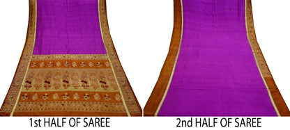 Indian Vintage Heavy Saffron & Purple Kanjivaram Saree 100% Pure Silk Sari Zari 5Yd Floral Crafting Dress making Crafting Quilting