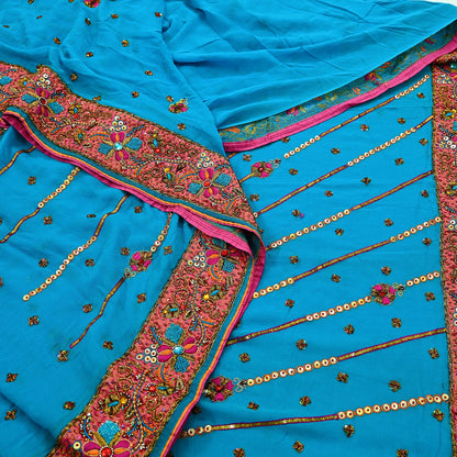 Indian Vintage Heavy Sarees Blue Pure Georgette Silk Hand Embroidered Sari Fabric 5Yd Sewing Ethnic Zardozi/dabka zari Wedding sarees