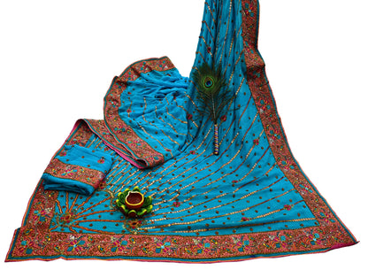 Indian Vintage Heavy Sarees Blue Pure Georgette Silk Hand Embroidered Sari Fabric 5Yd Sewing Ethnic Zardozi/dabka zari Wedding sarees