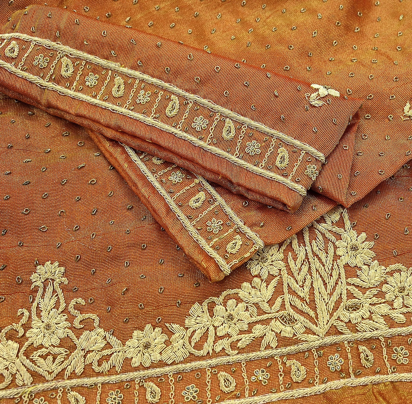 Indian Vintage Heavy Golden Dupatta Pure Tissue Silk Long Stole Hand Embroidered Scarves Zari Zardozi/Dabka