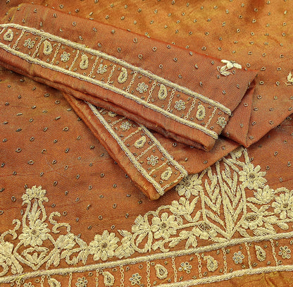 Indian Vintage Heavy Golden Dupatta Pure Tissue Silk Long Stole Hand Embroidered Scarves Zari Zardozi/Dabka