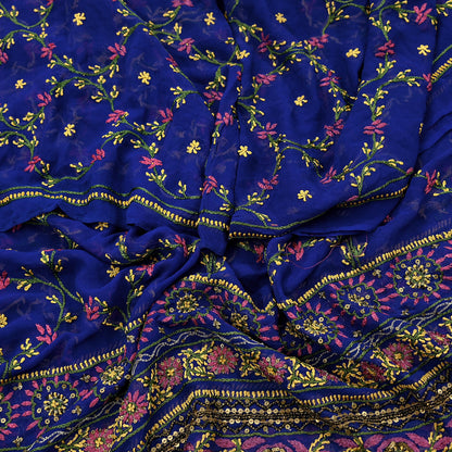 Indian Vintage Heavy Blue Dupatta Pure Georgette silk Long Stole Hand Embroidered Chikankari Stole Scarf Scarves Veil