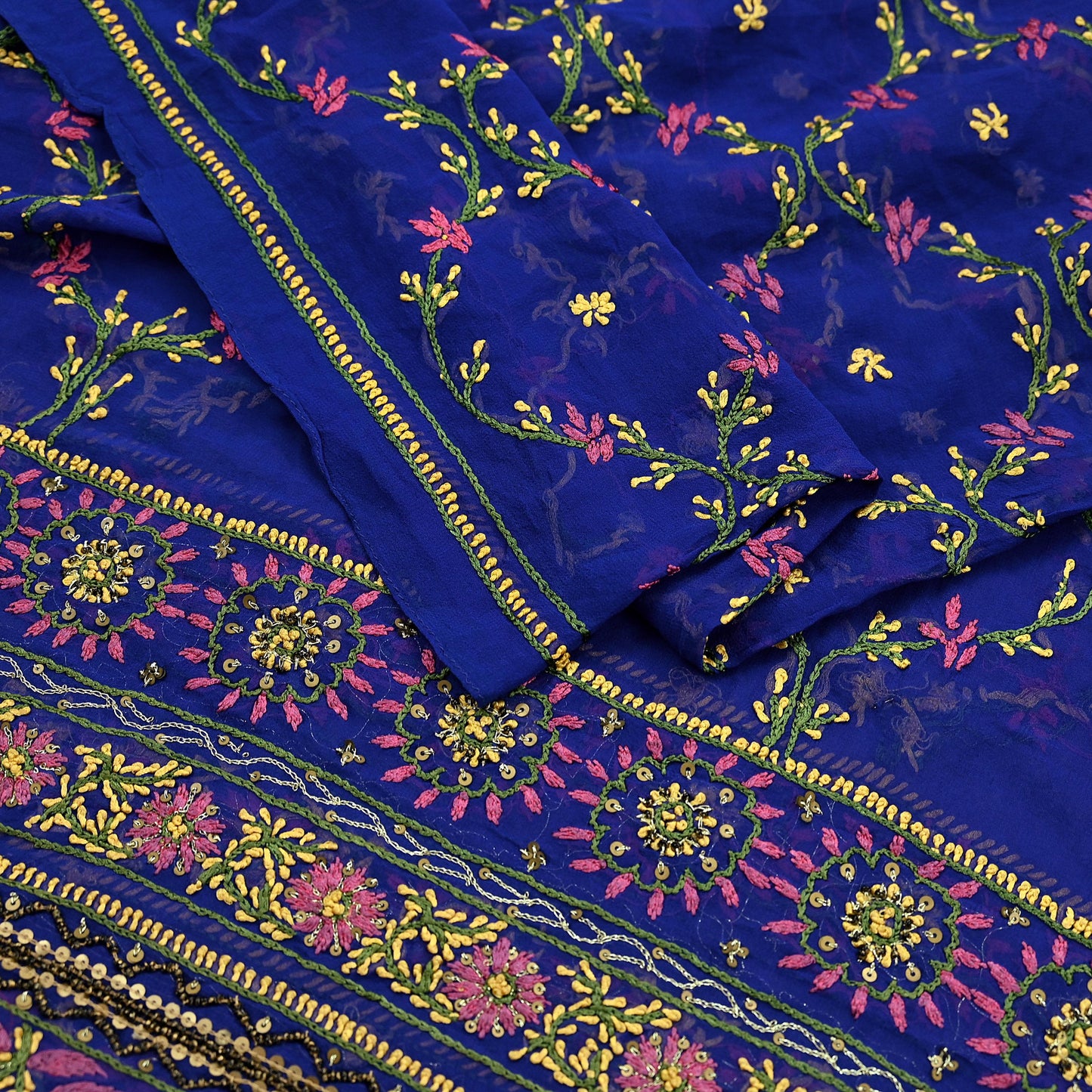 Indian Vintage Heavy Blue Dupatta Pure Georgette silk Long Stole Hand Embroidered Chikankari Stole Scarf Scarves Veil