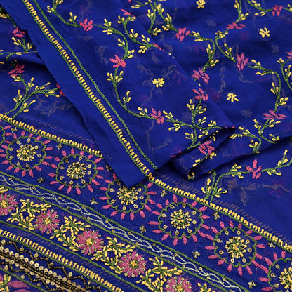 Indian Vintage Heavy Blue Dupatta Pure Georgette silk Long Stole Hand Embroidered Chikankari Stole Scarf Scarves Veil