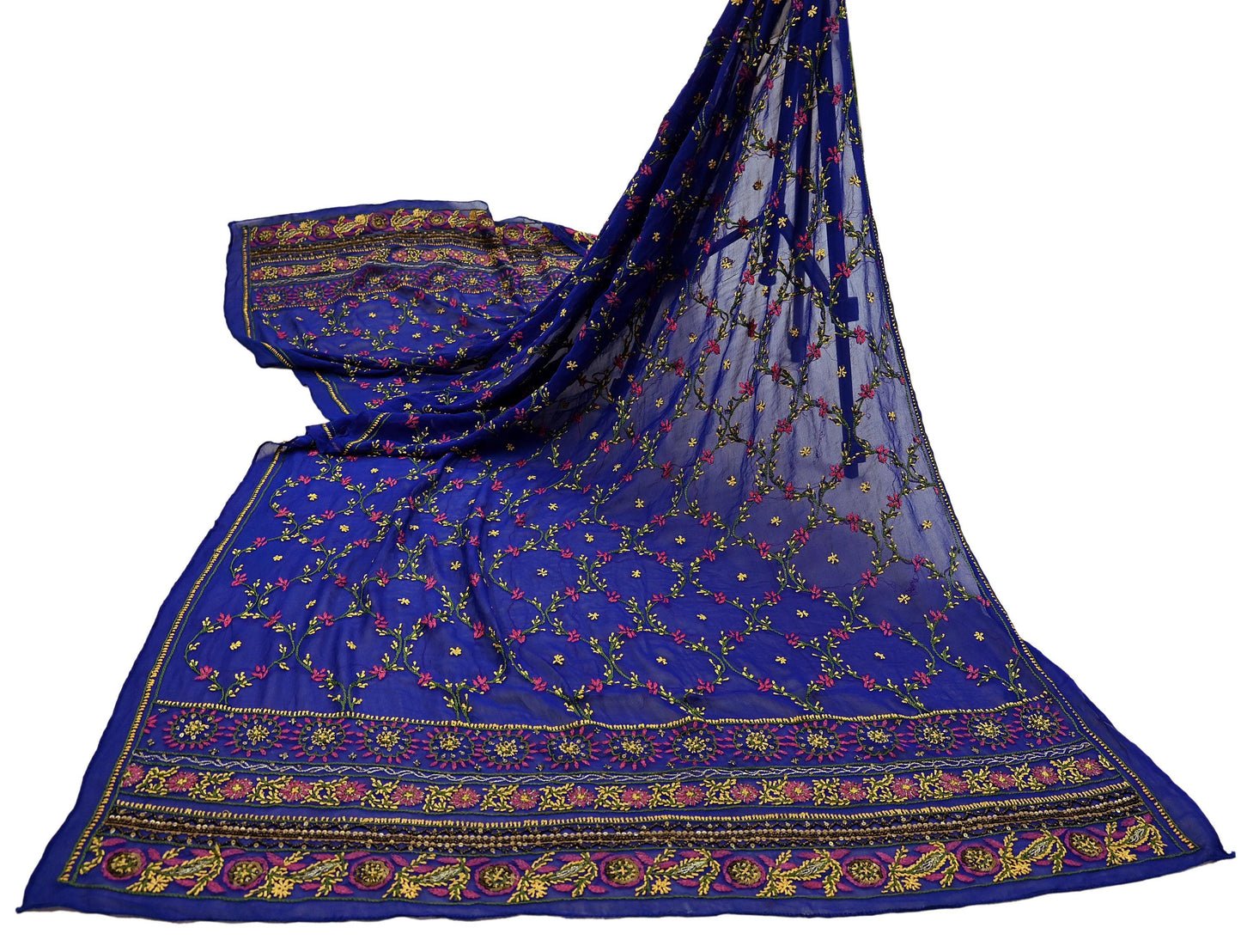 Indian Vintage Heavy Blue Dupatta Pure Georgette silk Long Stole Hand Embroidered Chikankari Stole Scarf Scarves Veil