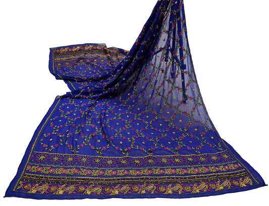 Indian Vintage Heavy Blue Dupatta Pure Georgette silk Long Stole Hand Embroidered Chikankari Stole Scarf Scarves Veil