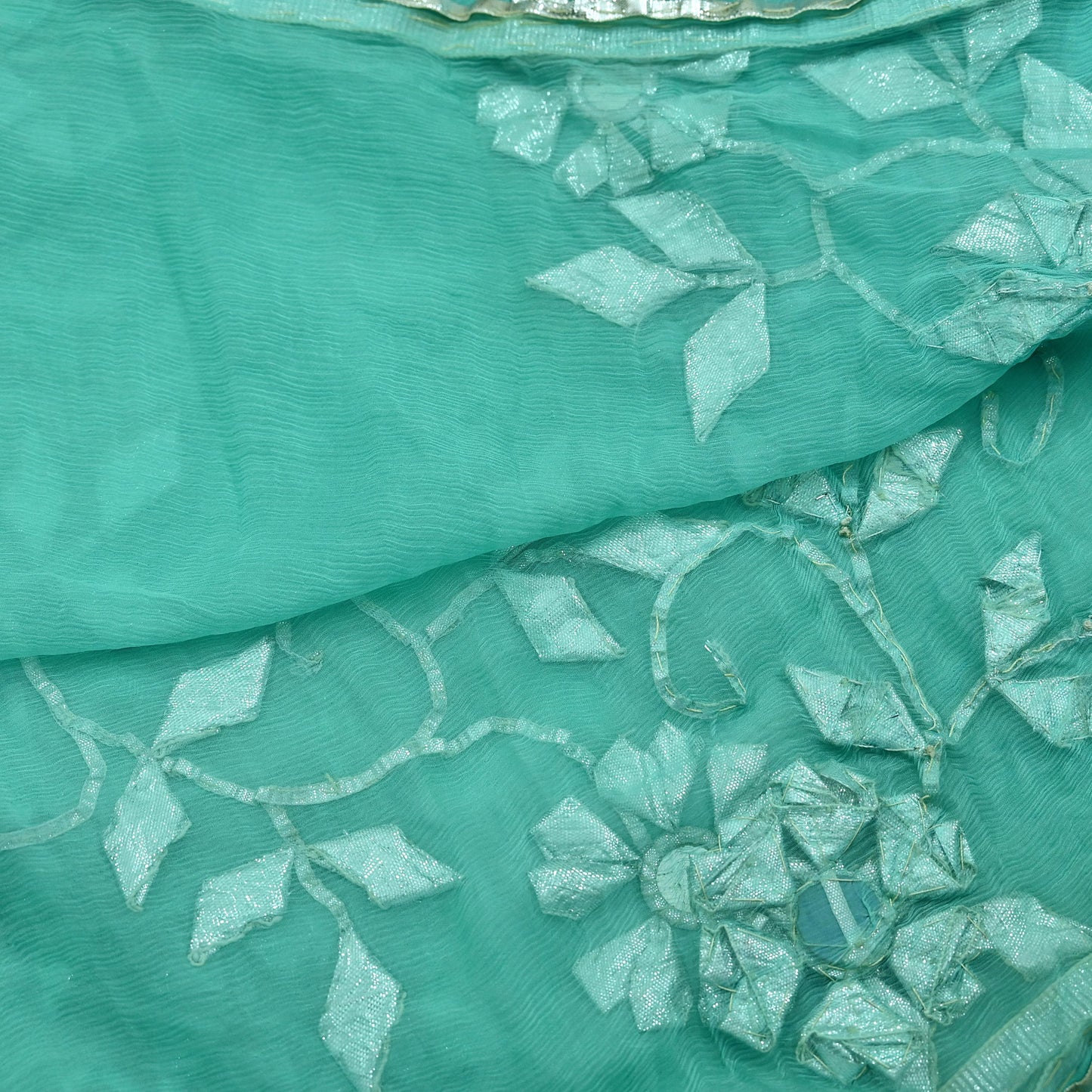 Indian Vintage Heavy Green Dupatta Pure Chiffon silk Long Stole Hand Embroidered Scarves Floral Design Stole Veil Wrap Gota patti Mirror